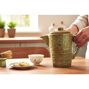 Vintage Frankoma Pottery Mayan Aztec Teapot Pitcher Prairie Green tan 7.5in